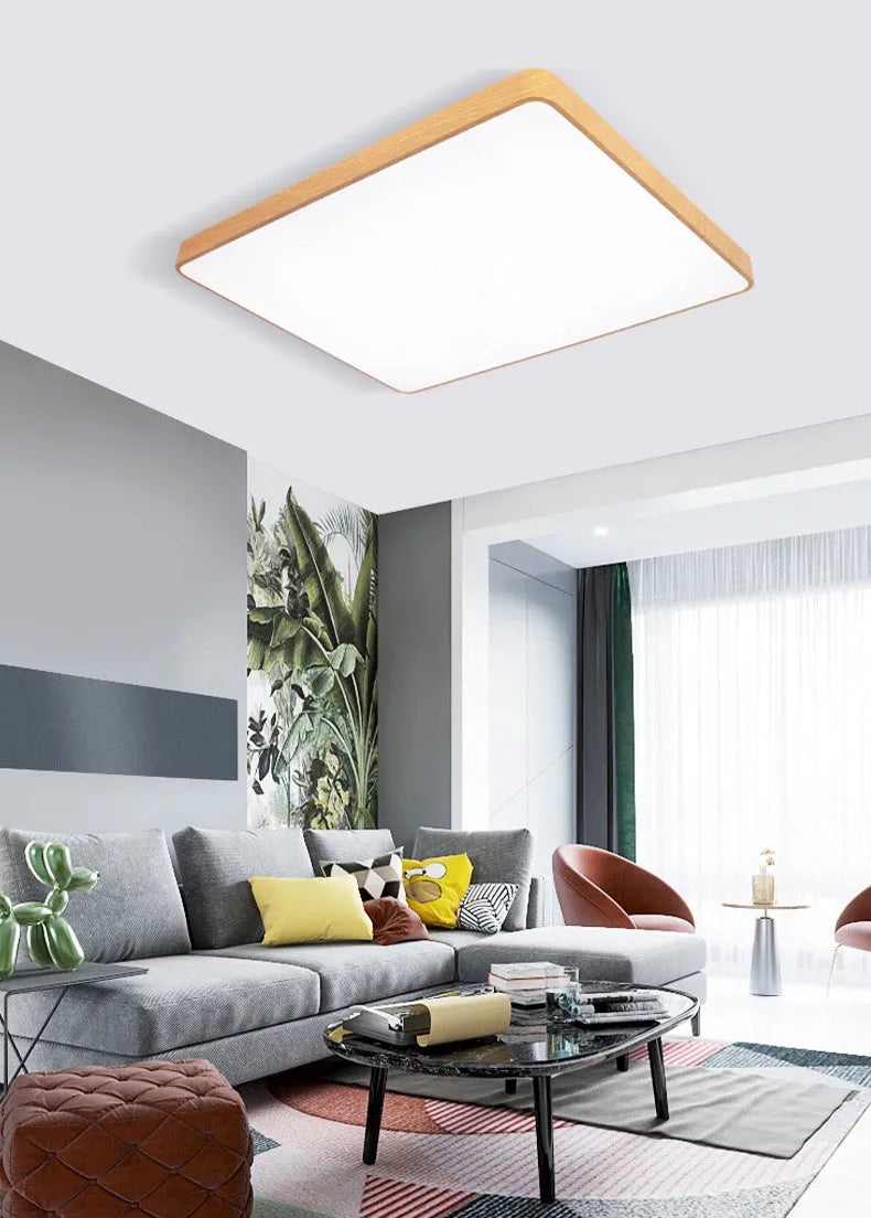 Square Nordic LED ceiling light with iron frame and wood grain finish shown in three size options
