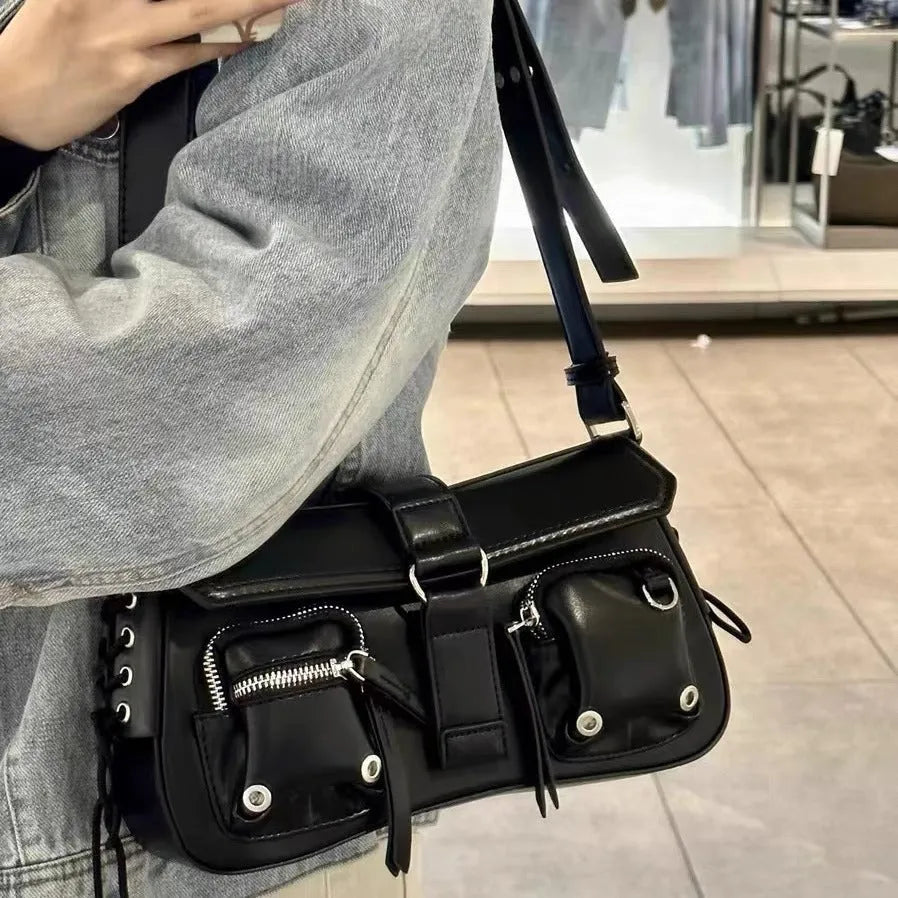 Black PU underarm baguette messenger bag with adjustable strap and zippered compartment