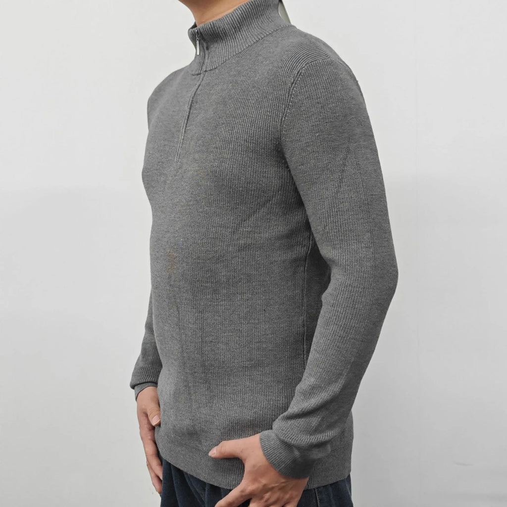 Men's half-turtleneck zip-up sweater in cotton blend fabric with front zipper and long sleeves