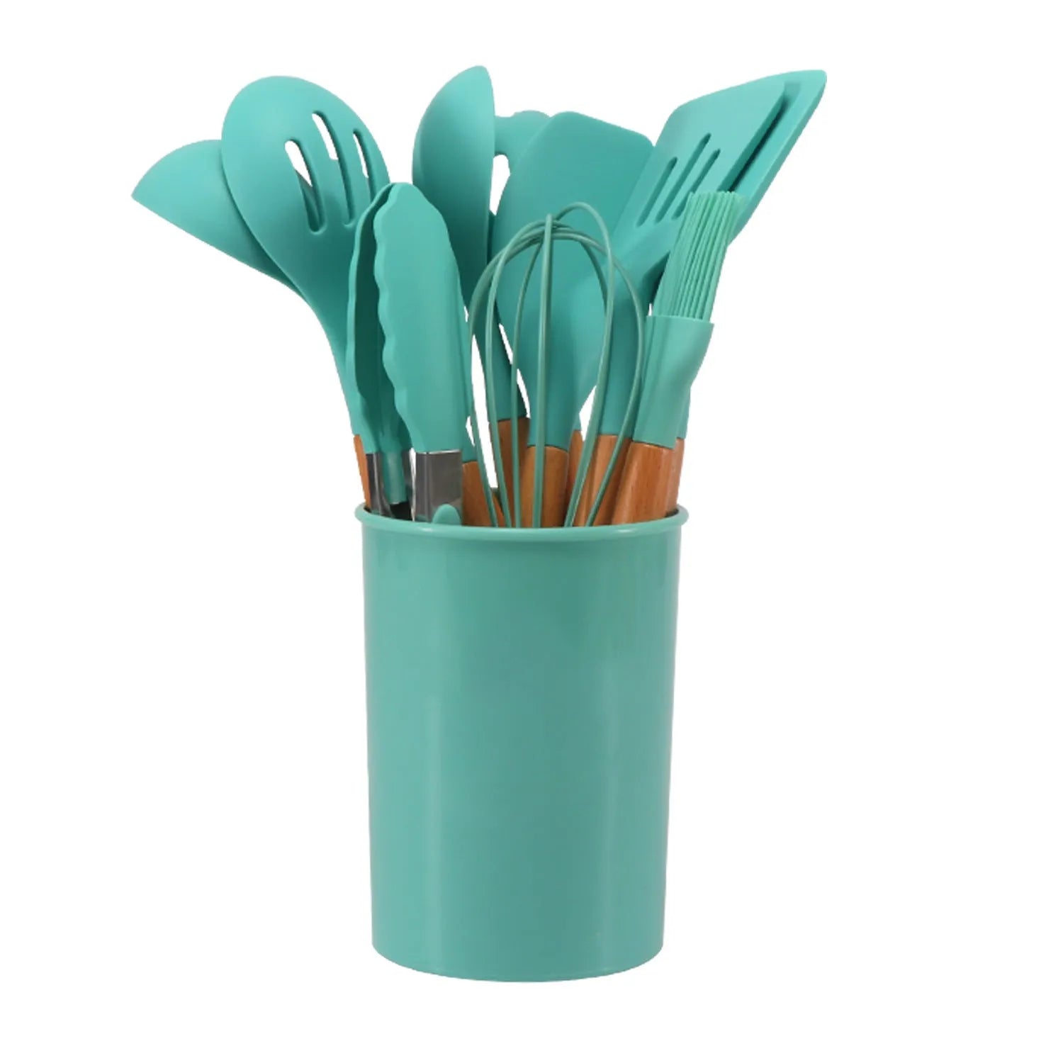 12-piece silicone kitchenware set with wooden handles in modern simplicity design, colour box packaging