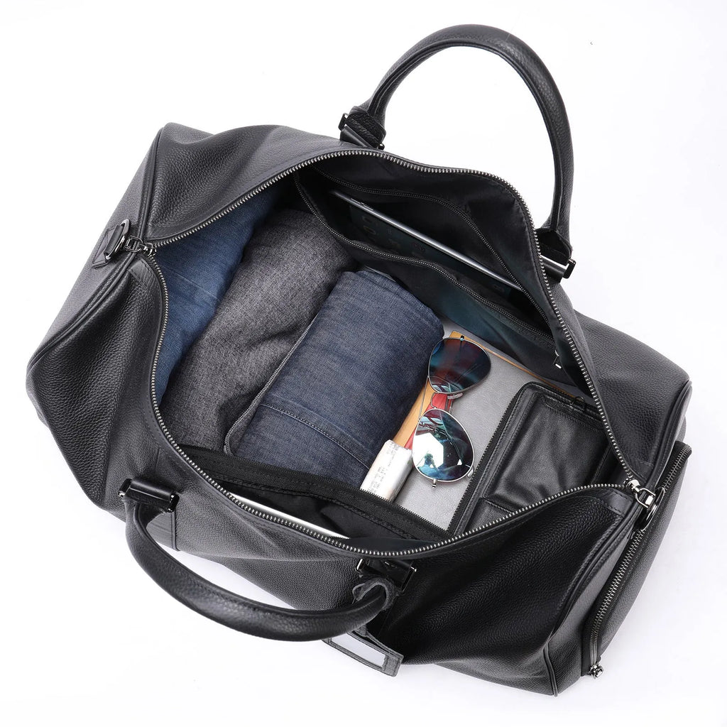 Men's black and coffee leather tote bag with single strap in 44cm and 55cm sizes.
