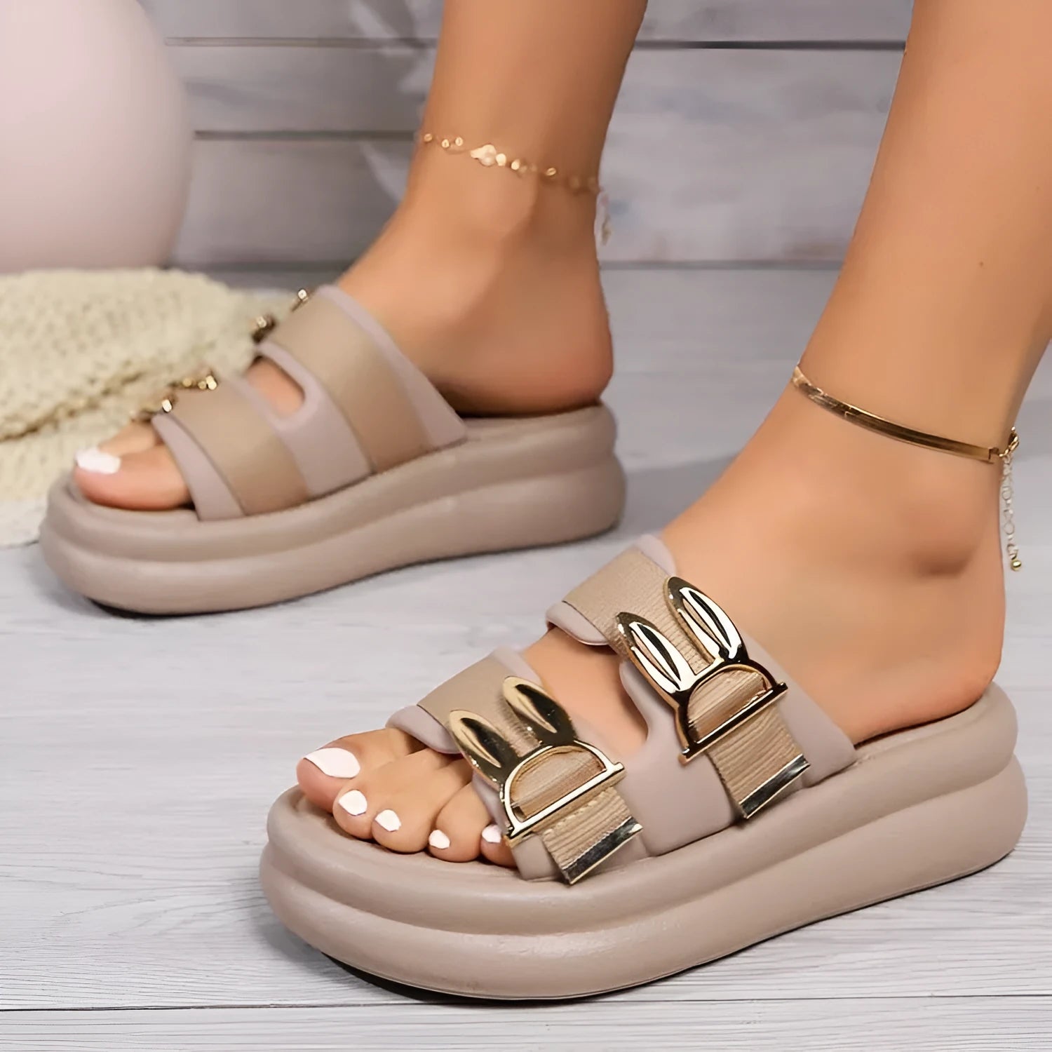 Women's thick-bottom suede slippers with soft rubber soles in apricot, black, and off white colours