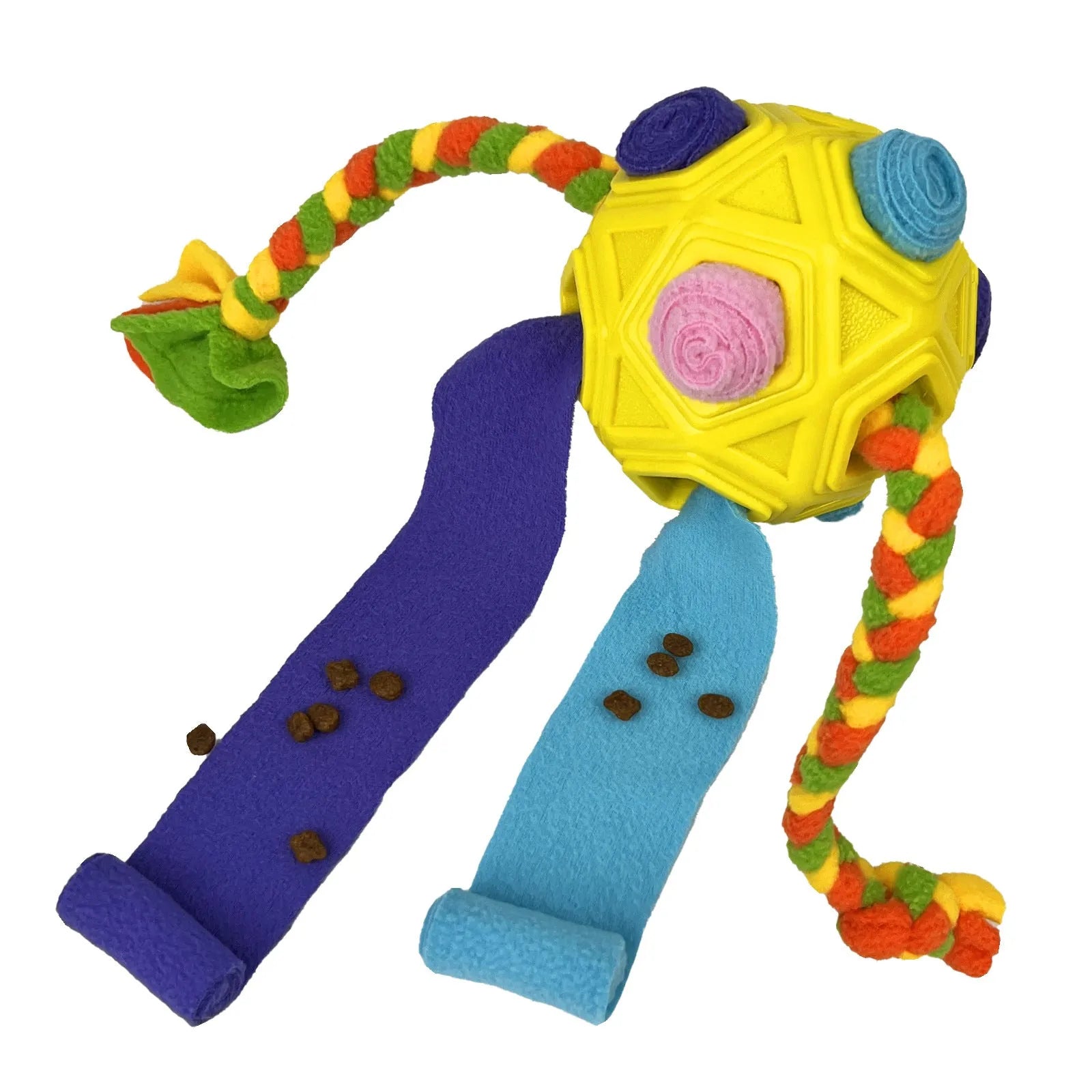 TPE sniffing ball dog puzzle toy showing textured surface with openings for treat dispensing