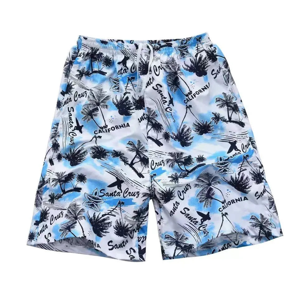 Men's floral print five-point swimming trunks in polyester fabric, free size