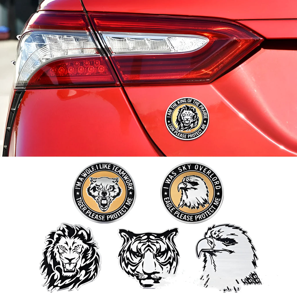 Aluminium car body stickers showing lion, eagle and tiger designs for vehicle decoration