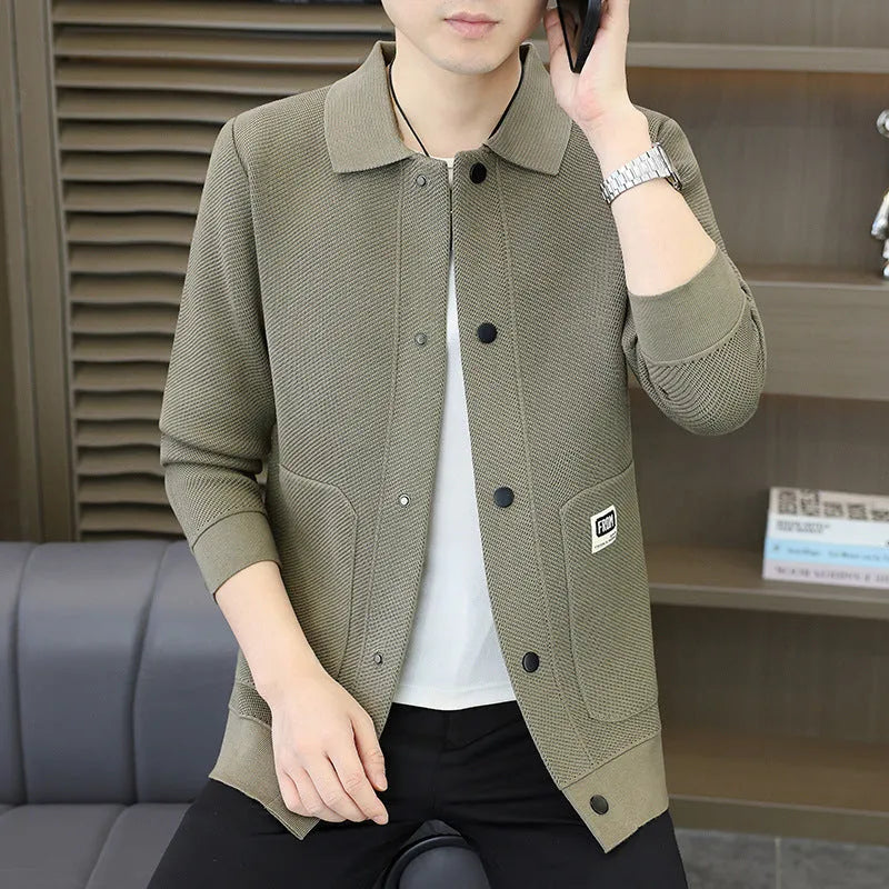 Fashion lapel sweater casual cardigan for youth in gray, black, khaki, loose fit, sizes 165 to 190