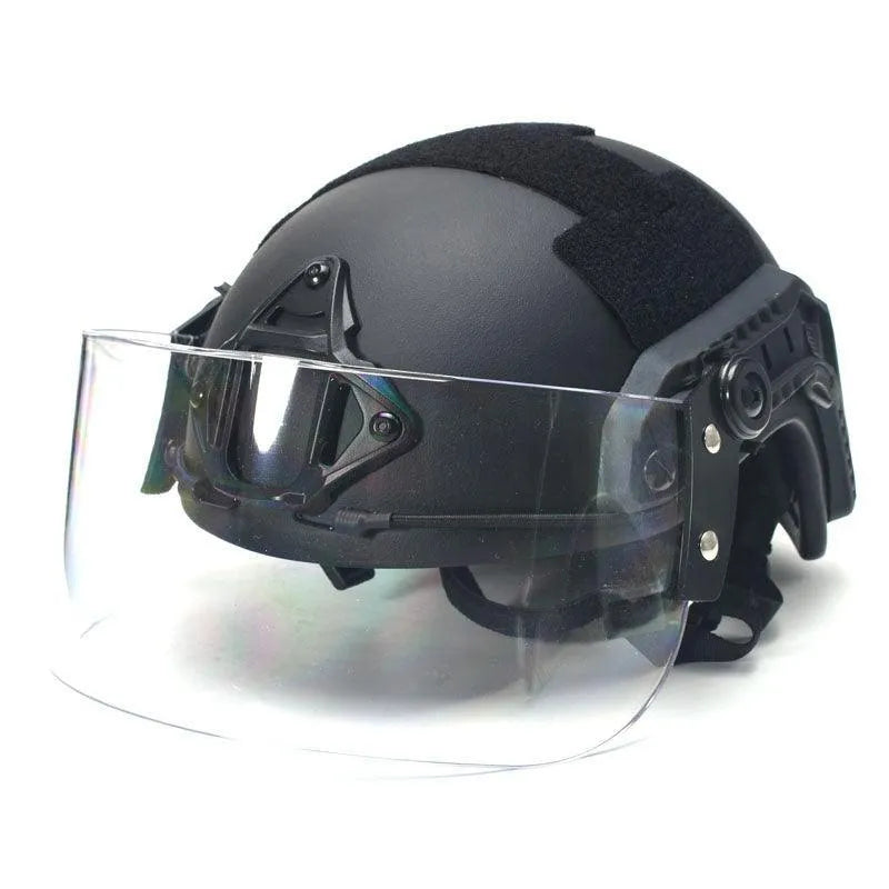 Transparent polycarbonate safety mask for helmet attachment, 30cm wide by 15cm high.