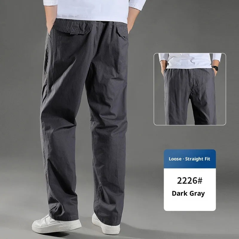 Men's cotton loose straight trousers zip placket workwear style, black colour, on model