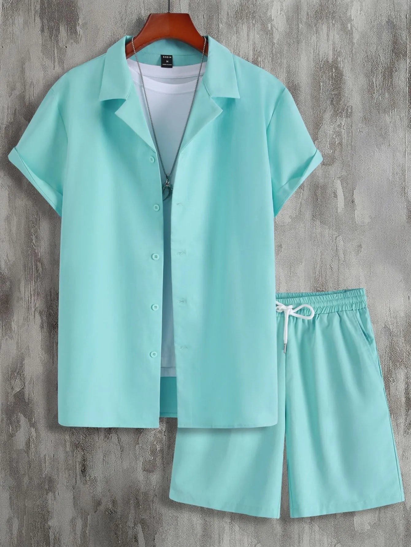 Men's Cuban collar sport suit with short sleeve top and matching shorts in lightweight polyester fabric