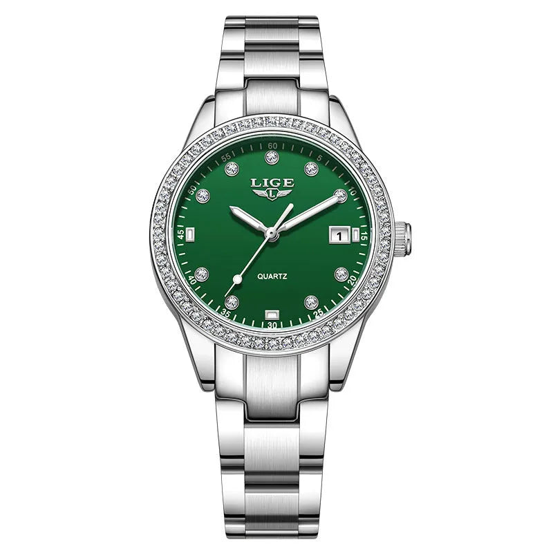 Fashion Girl quartz watch with diamond-encrusted bezel, silver stainless steel bracelet, round 34mm dial with luminous hands