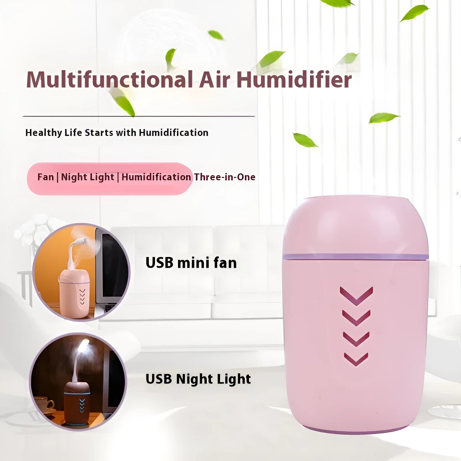Compact round white portable air purifier with USB cable on a car dashboard and office desk.