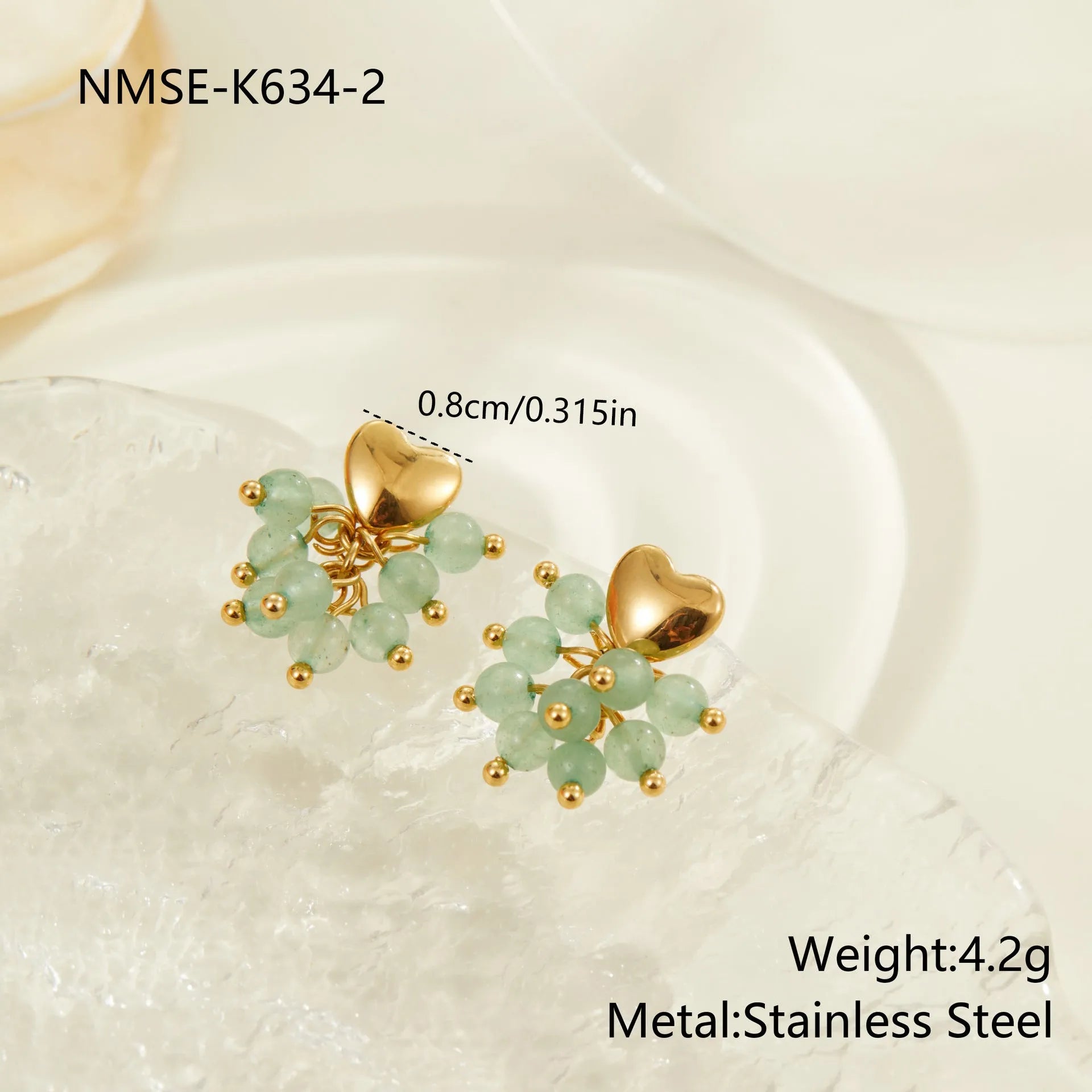 Retro natural stone beaded earrings stainless steel 18K electroplated heart geometric shape for women