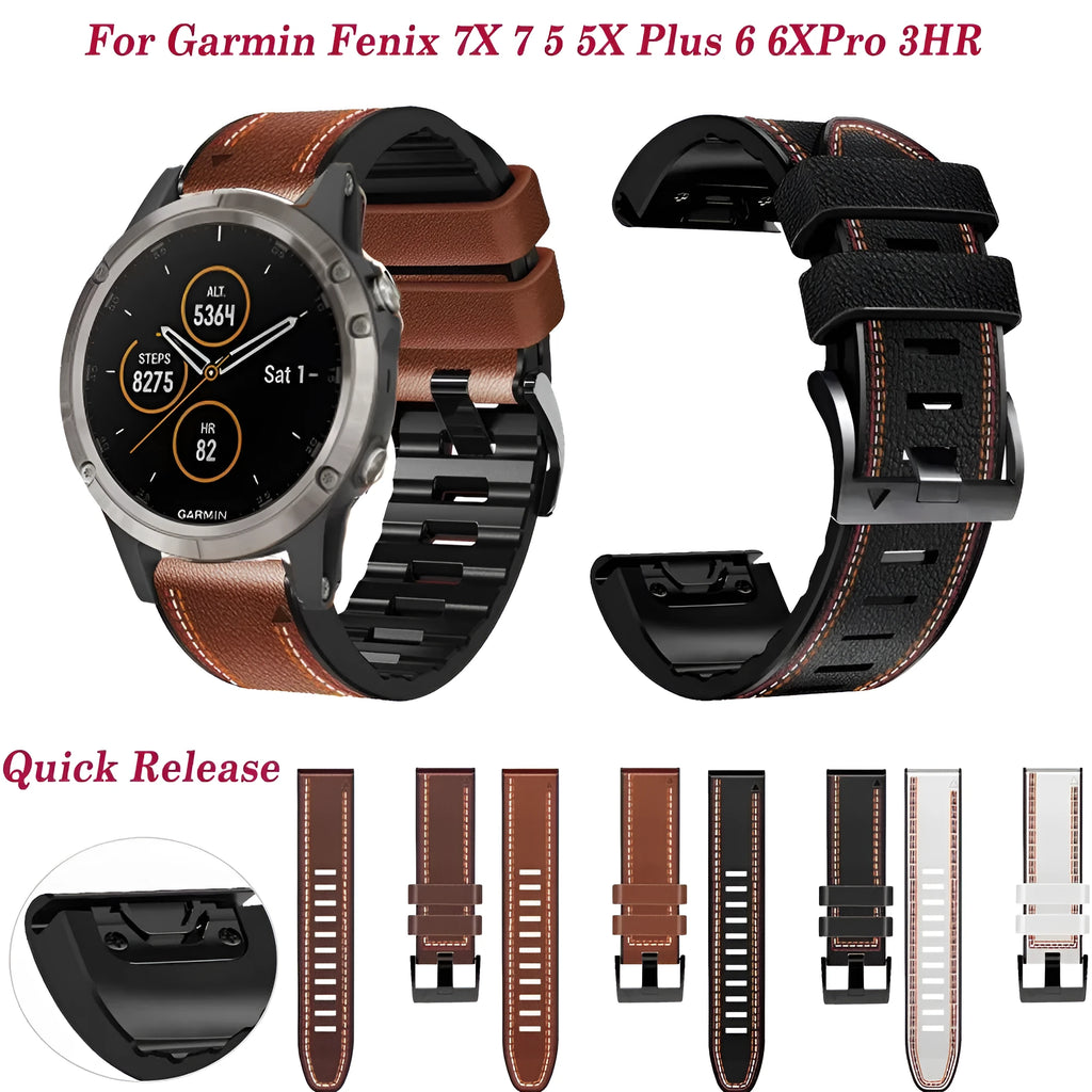 Silicone leather quick release watchband for Garmin Fenix watches in black, brown, light brown and white colours
