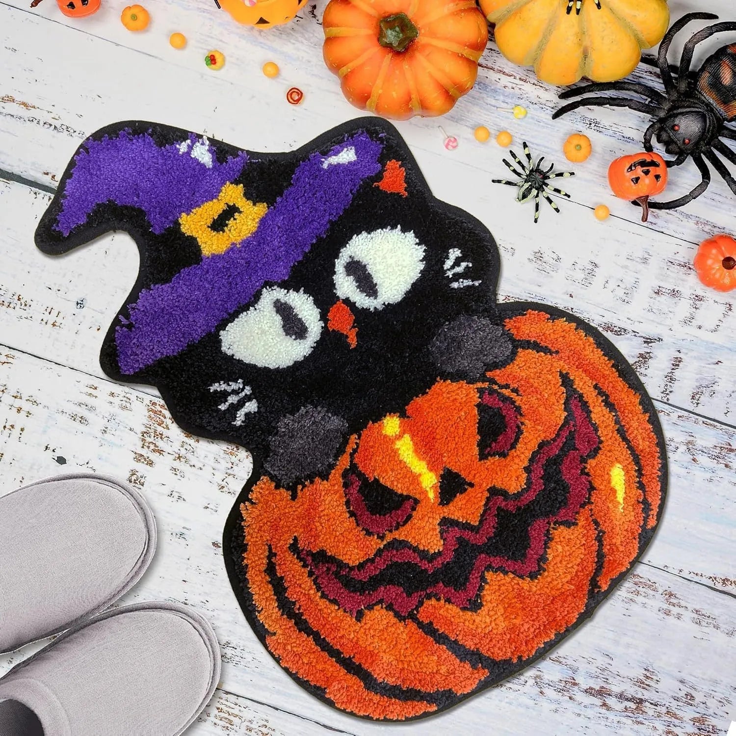 Non-slip absorbent polyester bathroom floor mat with cartoon cat design, 40x60cm