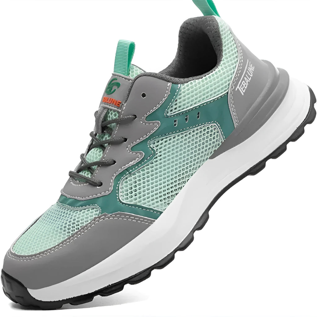 Green low-top safety work shoes with plastic toe cap and breathable mesh upper.