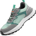 Green low-top safety work shoes with plastic toe cap and breathable mesh upper.
