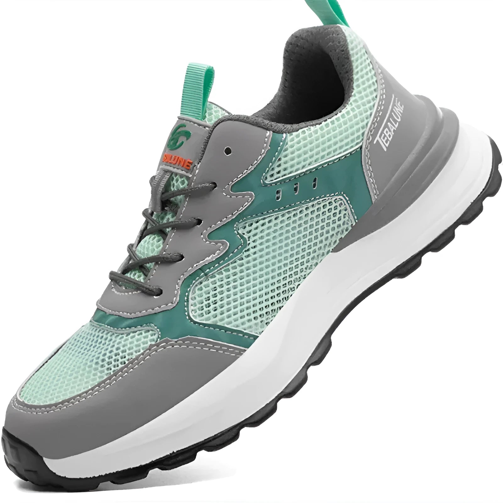 Green low-top safety work shoes with plastic toe cap and breathable mesh upper.