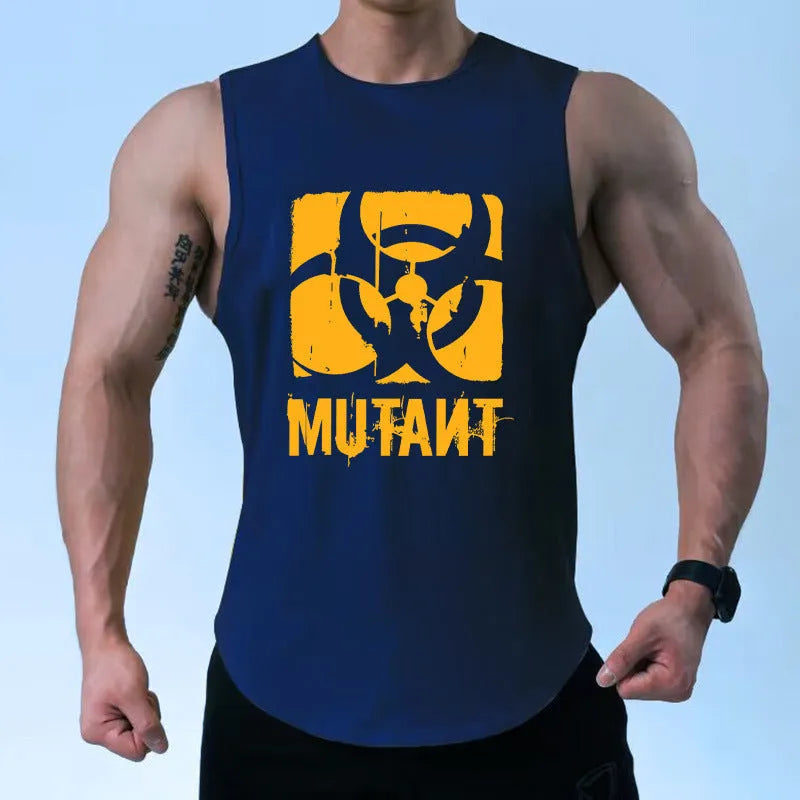 Loose grey polyester fitness vest sleeveless shirt on a hanger, showing its waistcoat design.