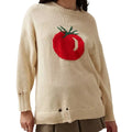 Women's beige acrylic jacquard knit sweater loose fit medium length