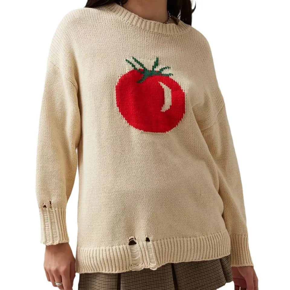 Women's beige acrylic jacquard knit sweater loose fit medium length