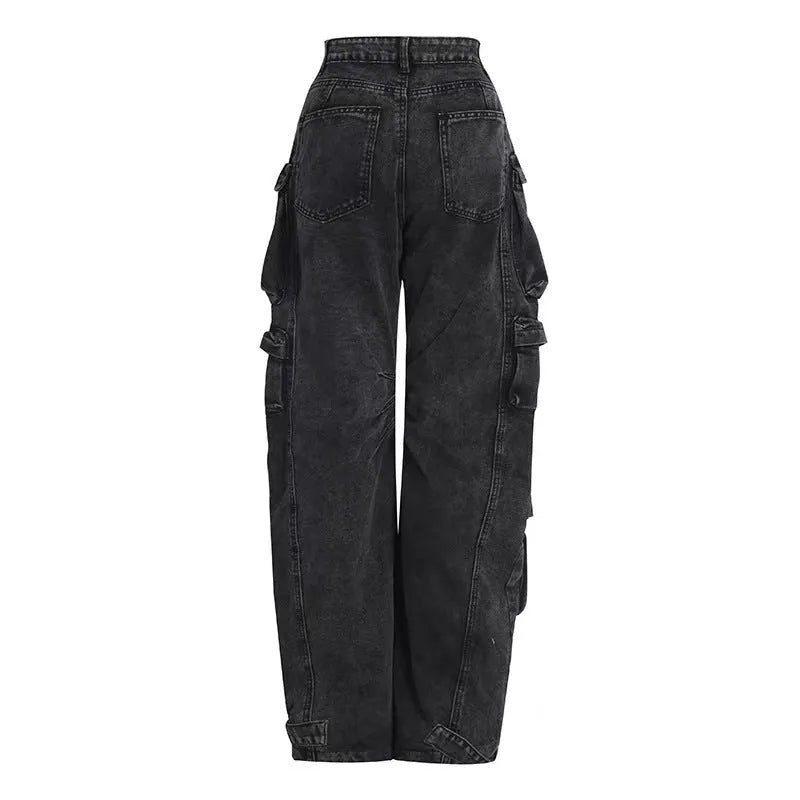 High waist wide leg denim trousers with multi-pocket street hipster design in blue colour