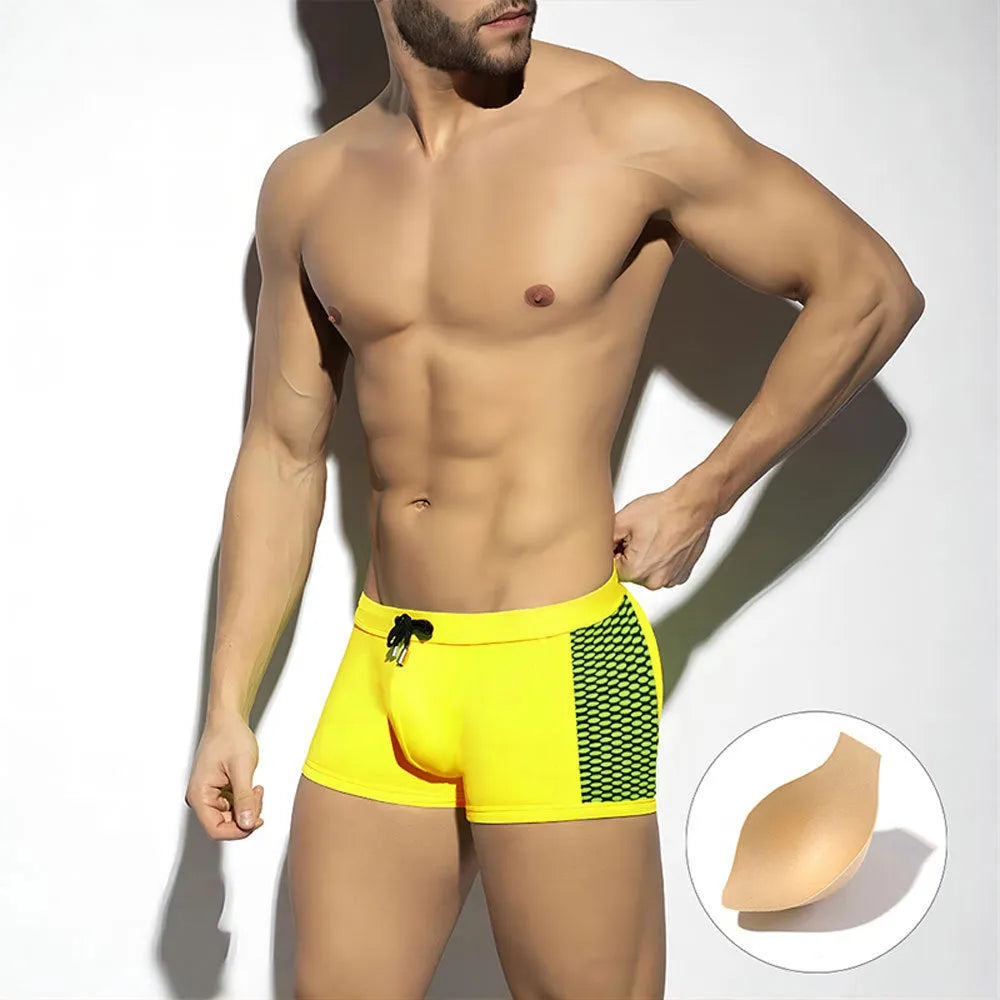 Men's polka dot print quick-dry swimming boxers in three colour options with nylon fabric
