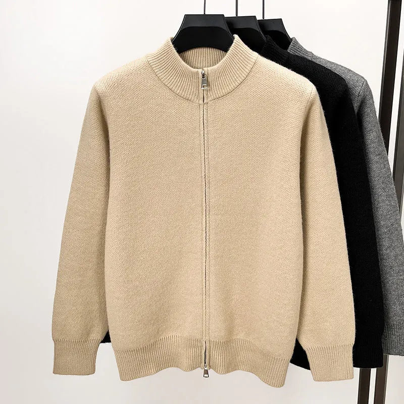 Men's black stand collar cardigan with front zipper showing loose fit and thickened knit construction