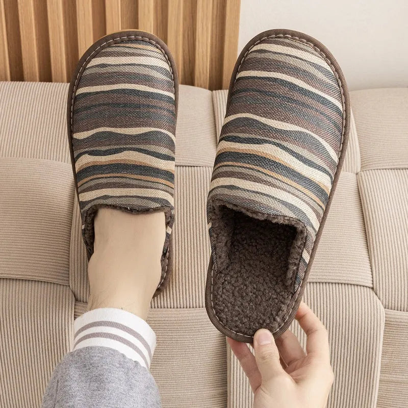 Winter cotton slippers with linen surface, PVC sole, available in floral colours and precise centimetre sizes