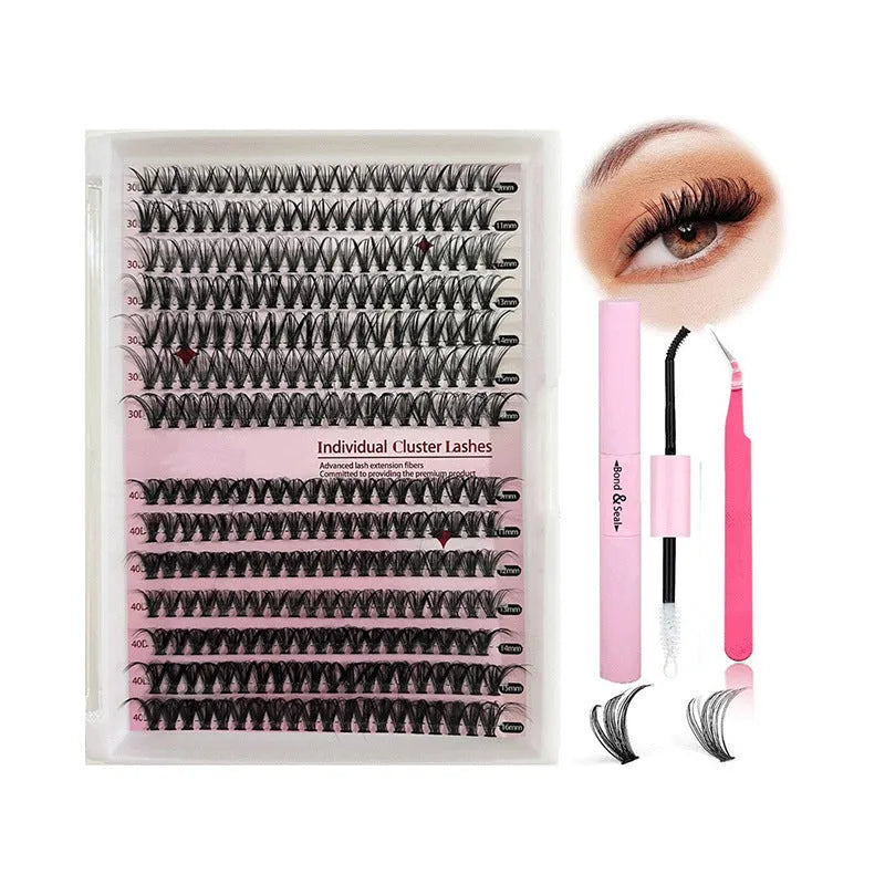 DIY cluster false eyelashes mixed package showing boxes of 30D and 40D lashes and tweezers