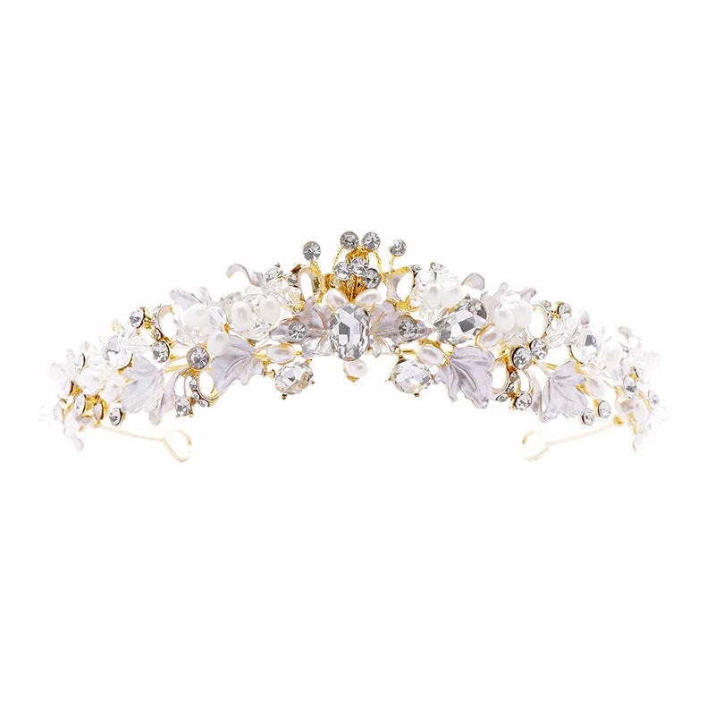 Pearl-decorated alloy crown headdress hair accessory in a gold electroplated finish.