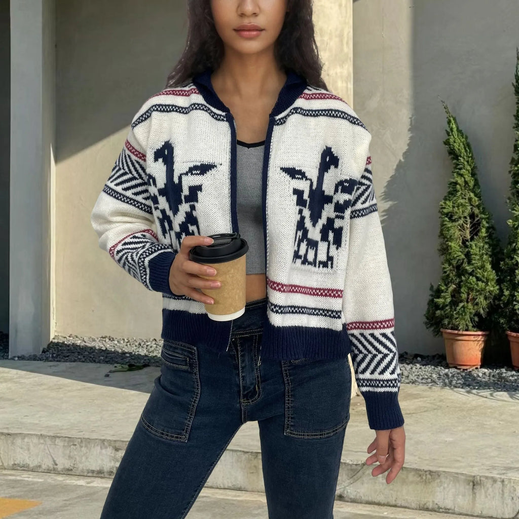 White women's zip-front cardigan with jacquard lapel and contrasting stripe pattern