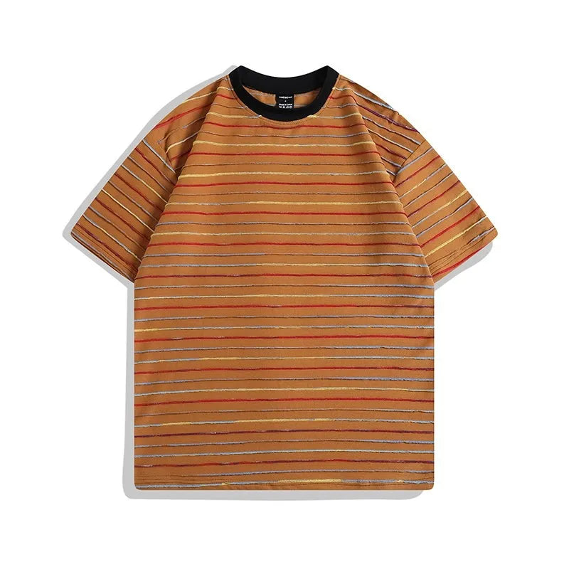 Striped loose fit short sleeve t-shirt in apricot colour with round neck collar