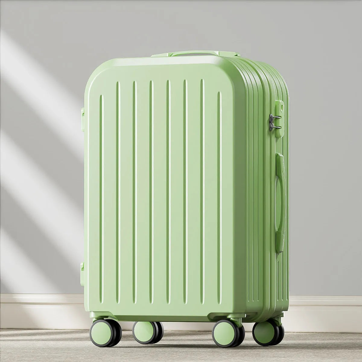 Small lightweight password suitcase trolley case with striped pattern and universal wheels in multiple colours