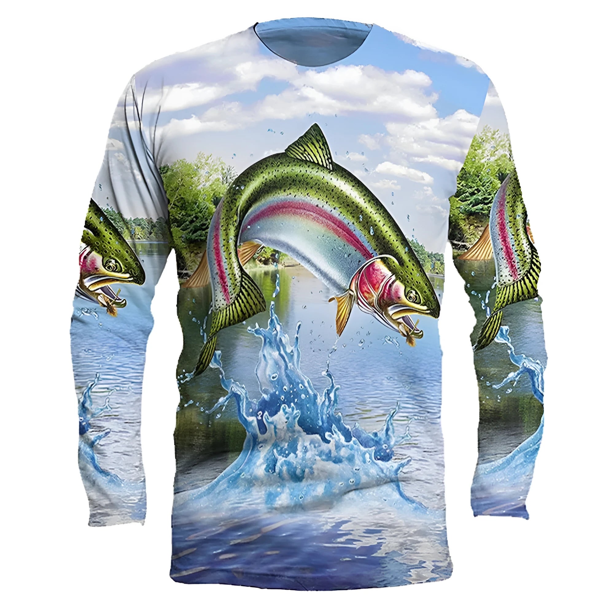 Men's grey round neck pullover top with an all-over printed fish pattern on the front and sleeves.