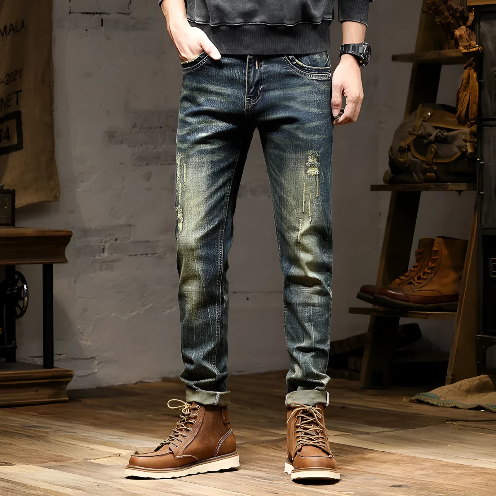 Men's skinny-fit jeans in a retro blue colour with a zip fly, shown laid flat.