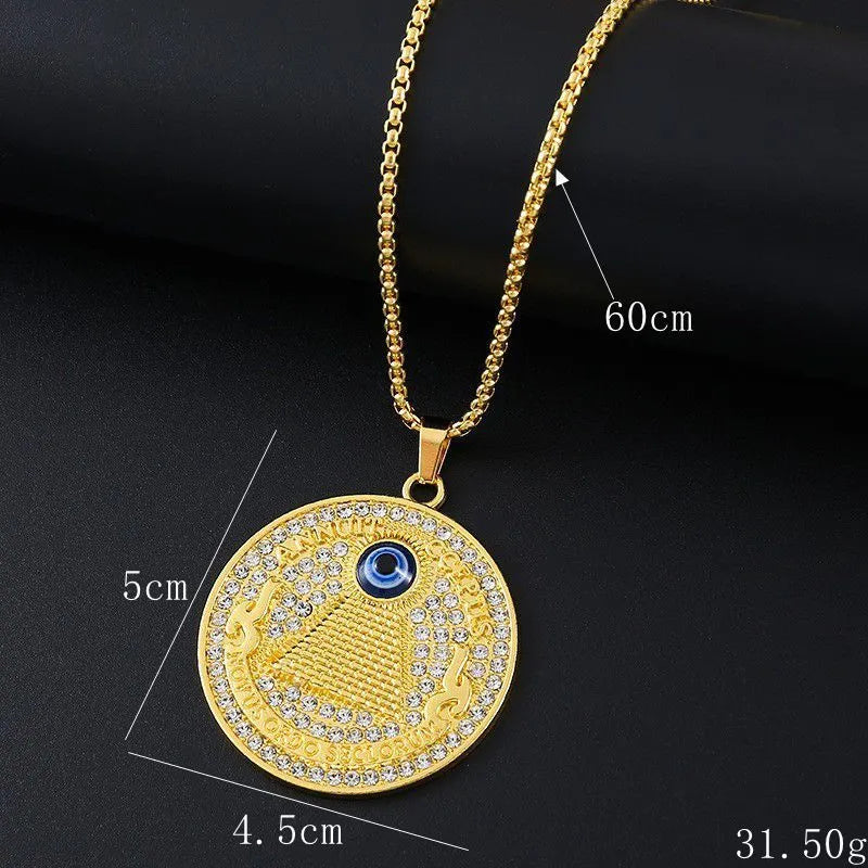 Geometric shaped gold-colour alloy pendant necklace with a sparkling zircon stone inlay on a chain.