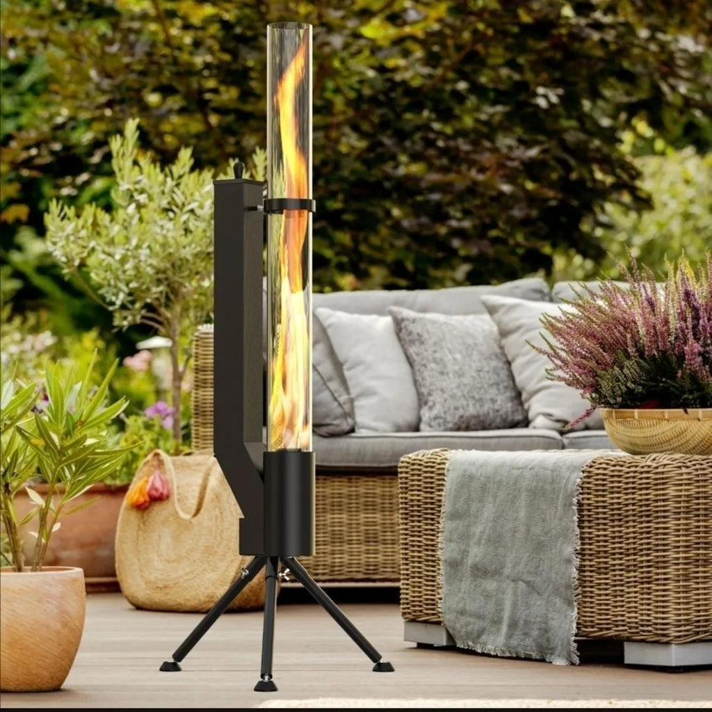 Vertical cast iron wood burning rocket furnace for courtyard heating with decorative design