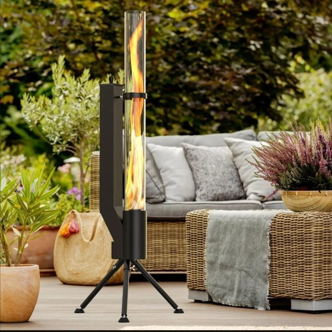 Vertical cast iron wood burning rocket furnace for courtyard heating with decorative design