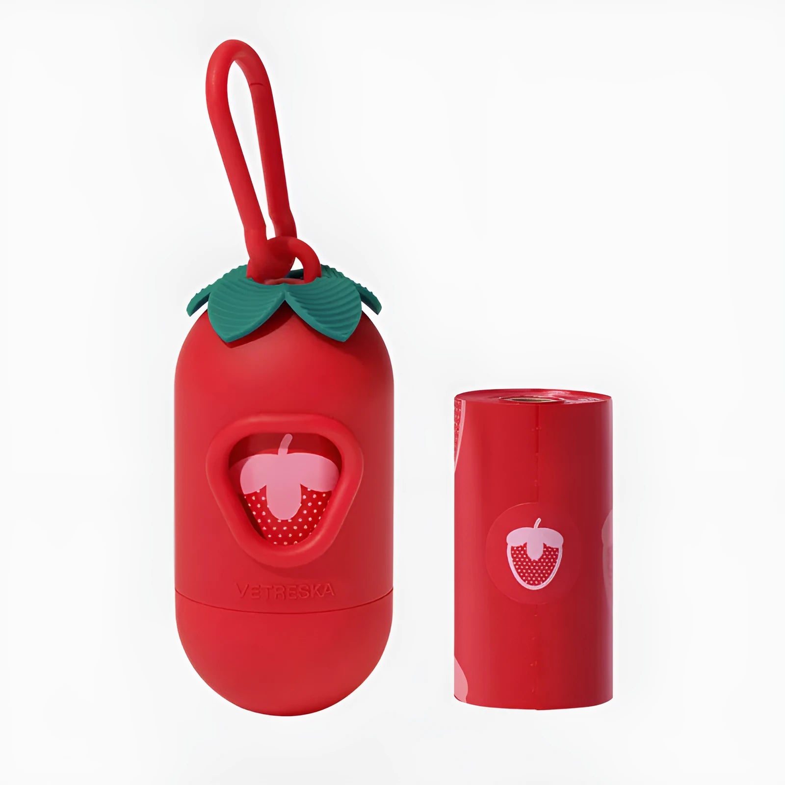 Thickened plastic dog poo bag dispenser capsule in strawberry design with a roll of scented inner bags