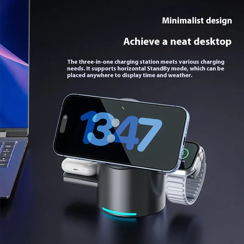 Three-in-one magnetic wireless charger stand in dark grey charging a phone, earphones, and Apple Watch