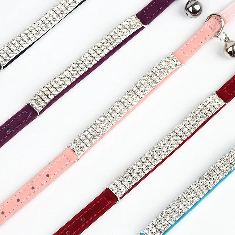 Rhinestone decorated velvet cat collar with adjustable sizing in multiple colour options