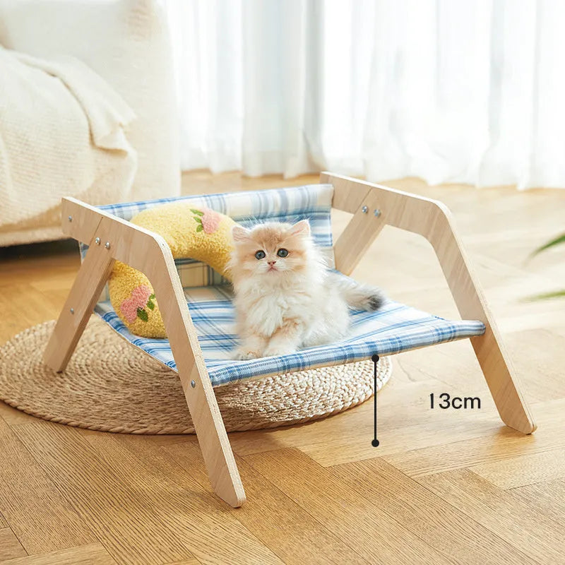 Wooden frame cat hammock bed with blue cloth elevated cat sleeping spot