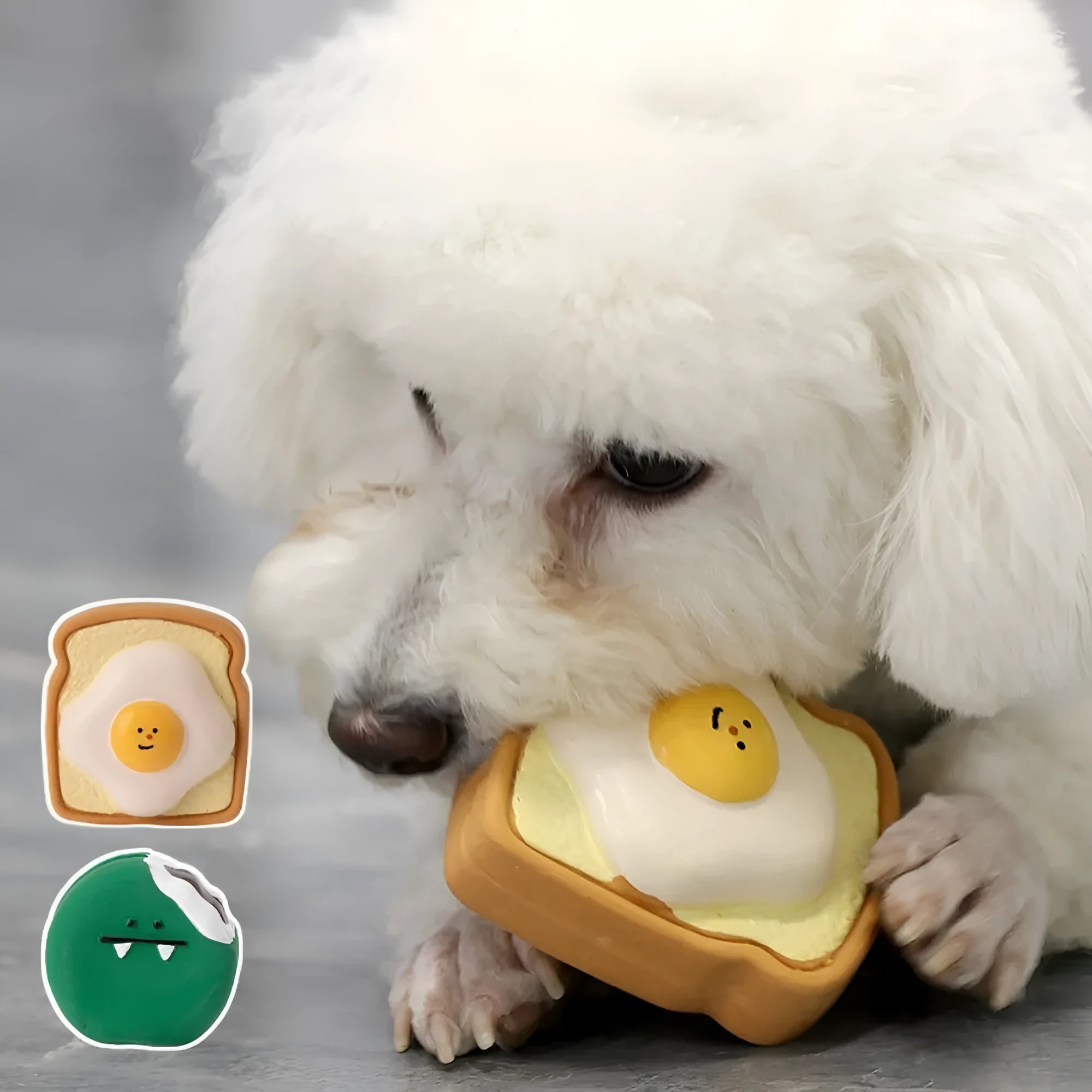 Yellow and green bread-shaped latex dog chew toy with cartoon patterns and squeaky feature