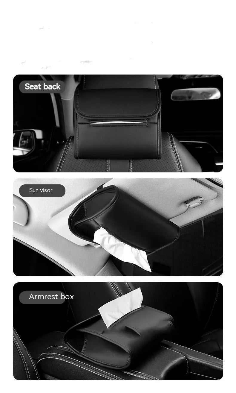Leather car tissue box holder with elastic band button mounting on car sun visor