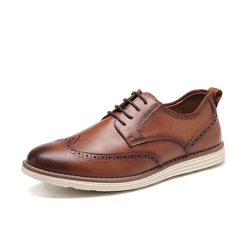 Men's black and brown slip-on business casual shoes with round toe and low-top profile