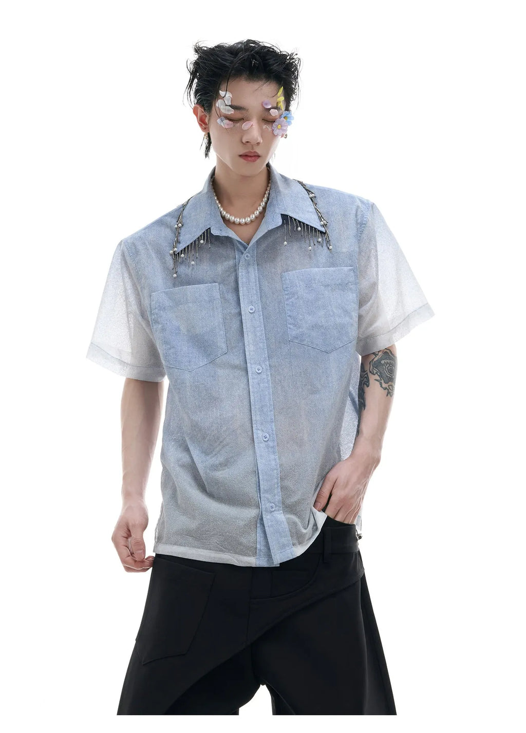 Men's loose fit blue and white gradient shirt with quilted design and short sleeves