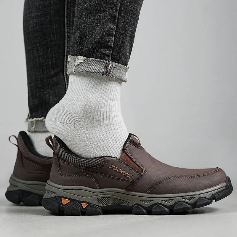 Men's dark brown casual shoes with PU leather upper and rubber sole shown in round toe flat heel design