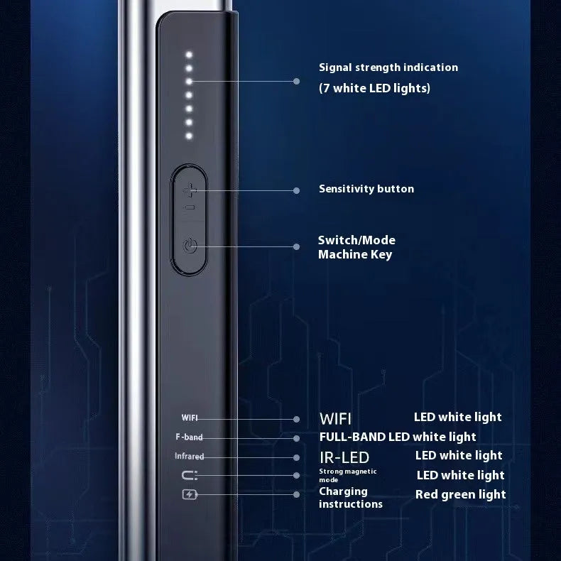 Handheld black anti spy camera detector with RF and lens scanning for personal privacy