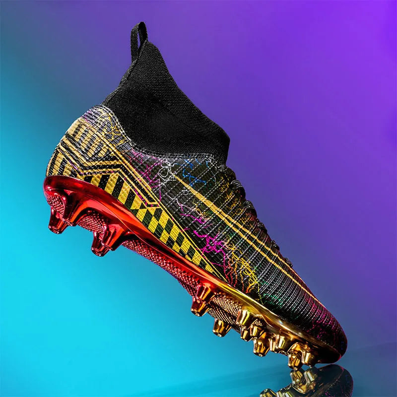 Men's high-top football training shoes with a gold-plated sole on an artificial grass surface