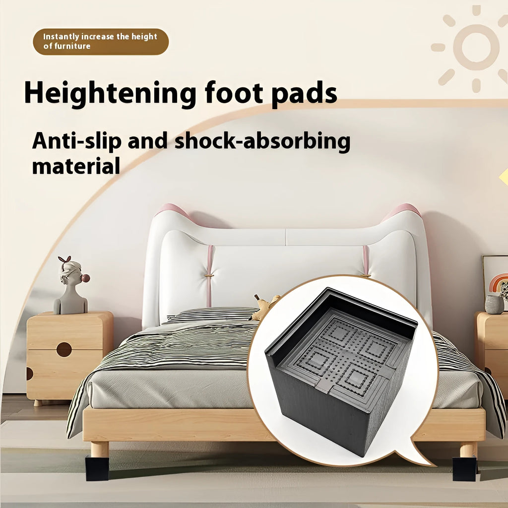 Four black thickened plastic furniture foot height increasing mats on a white background